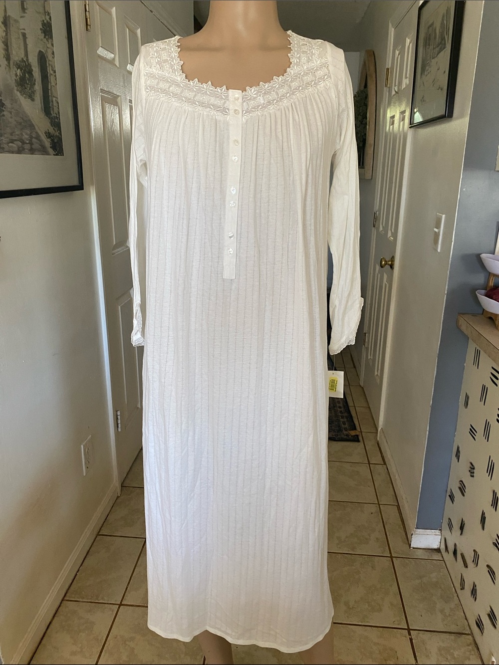 Eileen West Knit White Long Sleeve Cotton Nightgown with Lace Yoke